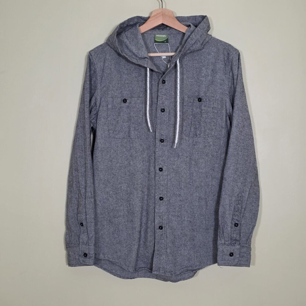 HOODIES Hooded Flannel Shirt Mens S Gray LS Buttons Streetwear Gorpcore Skater